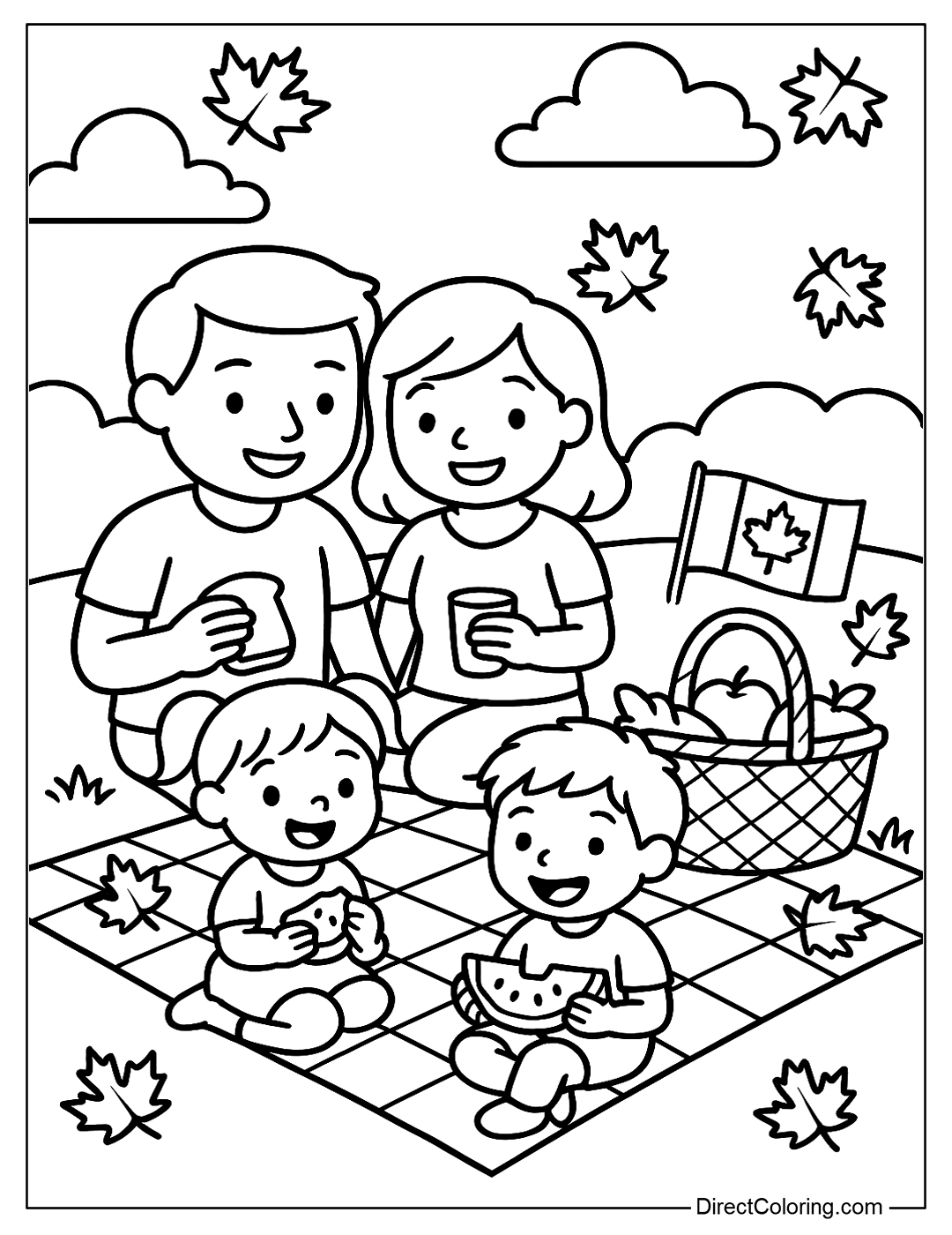 A family picnic coloring page, Canadian flag attached to a food basket, some maple leaves falling around.